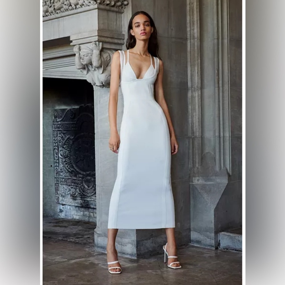 Herve Leger Sheer Overlay Bustier Dress in Alabaster